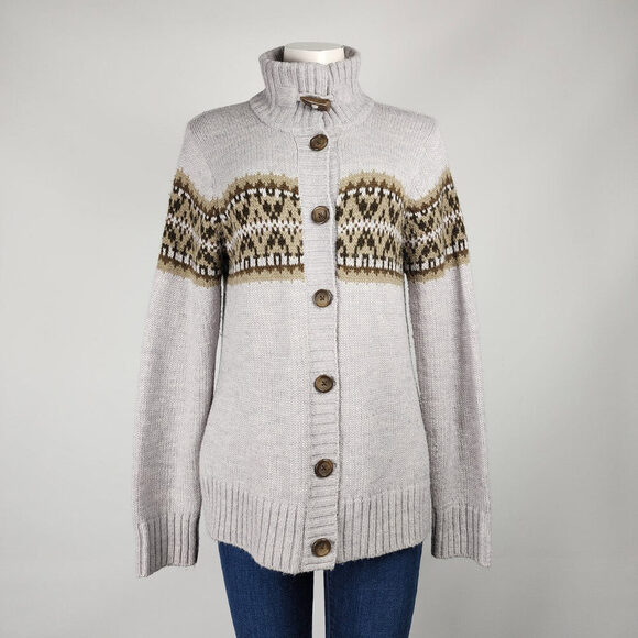 Lady Hathaway Grey Wool Fair Isle Knit Button Up Cardigan Size M - Picture 1 of 10